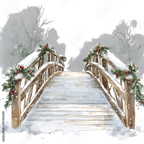 Watercolor Winter Bridge with Holly and Snow: Christmas Clipart
