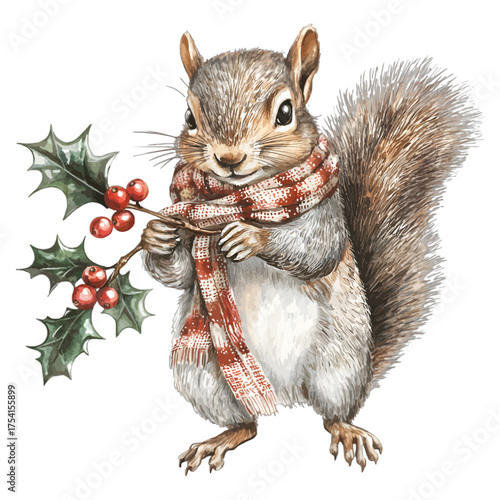 Cute Winter Squirrel with Holly and Scarf: Watercolor Clipart
