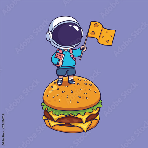 Cute Astronaut Kid Standing on Giant Burger Vector Illustration