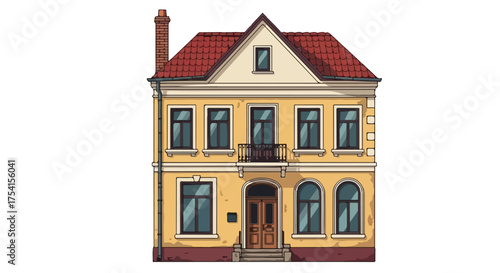 Whimsical facade of a two-story building with a distinctive yellow color and red tiled roof creating an illustrative architectural artwork