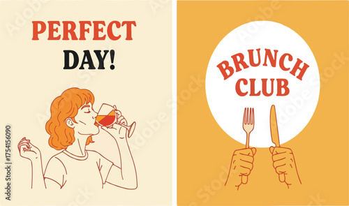 Brunch Club and Perfect Day vector graphics set for social media and restaurant posters