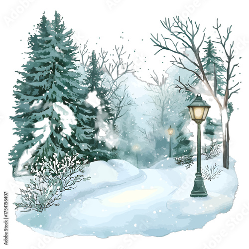 Winter Landscape with Snowy Forest and Lamppost