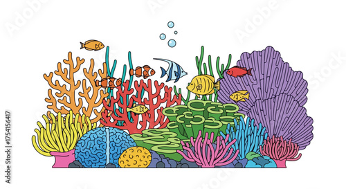 Vibrant coral reef ecosystem illustration with diverse fish species and colorful coral formations offering serene underwater visuals