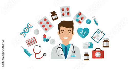 Caring Male Doctor Surrounded by Essential Medical Equipment and Diverse Healthcare Supplies for Modern Medical Practice and Patient Wellness