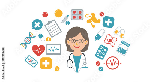Doctor Surrounded by Medical Icons A Comprehensive Healthcare Illustration