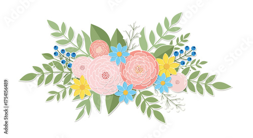 Elegant floral arrangement featuring pastel-colored blossoms and lush greenery against a clean white background creating a soft and inviting aesthetic