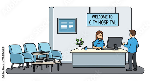 Cartoon depiction of a modern hospital reception area with a staff member attending to a patient calmly and professionally
