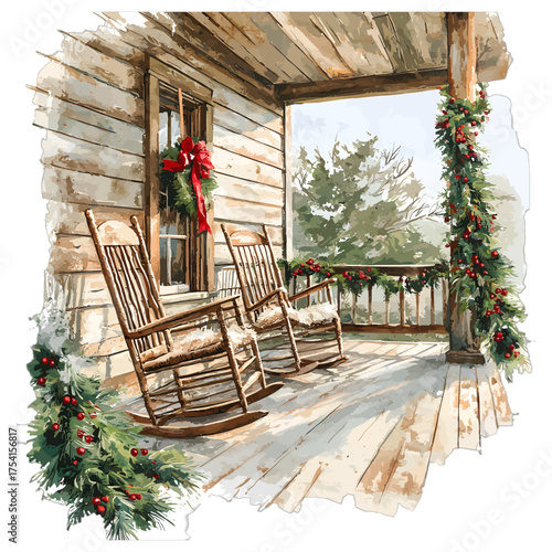 Christmas Porch with Rocking Chairs Clipart