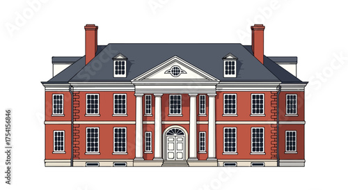 Majestic Colonial Mansion Illustration with Symmetrical Facade and Architectural Detail displayed on a clean white background