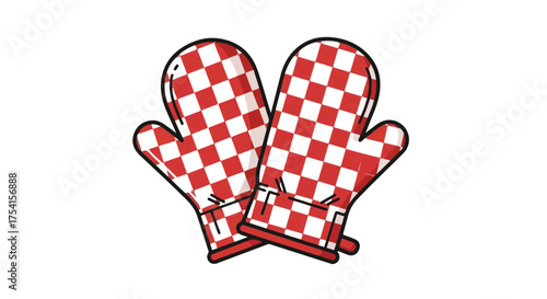 Red and White Checkered Oven Mitts Illustration for Culinary Arts and Kitchen Safety Depiction