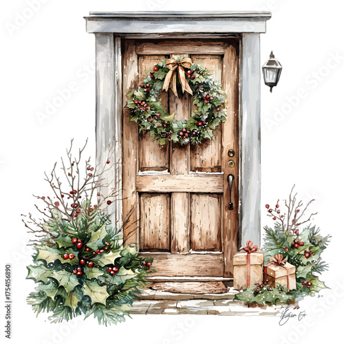 Christmas Wreath on a Rustic Door Clipart