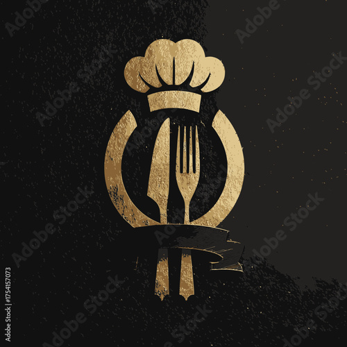 Elegant golden chef's hat, knife, and fork emblem on a dark textured background. Premium culinary logo design for restaurant or gourmet dining.