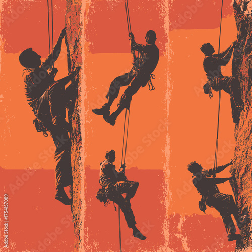 Dynamic silhouettes of rock climbers and rappellers on a grunge-textured orange and red background, depicting extreme outdoor sport adventure.