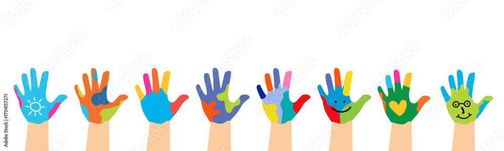 Obraz premium Bundle Ste Painted Children Handprint Art Design. vector illustration