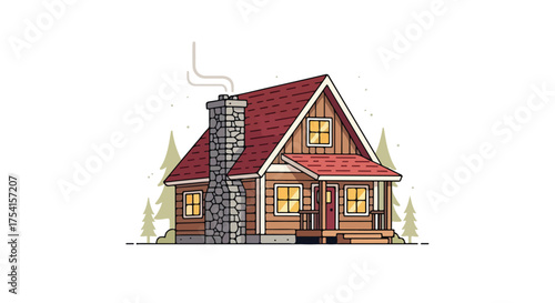 Charming woodland cabin retreat with stone chimney nestled among serene pine trees showcasing architectural style and warmth