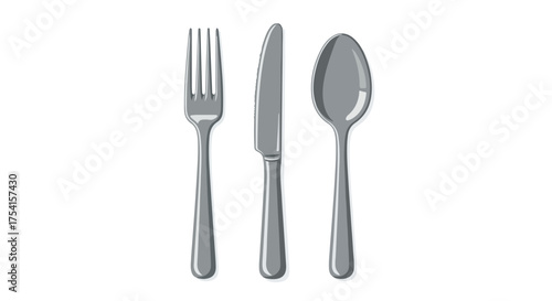Elegant Flatware Trio: A Modern Cutlery Arrangement of Fork, Knife, and Spoon for Culinary Designs or Restaurant Menu Illustrations