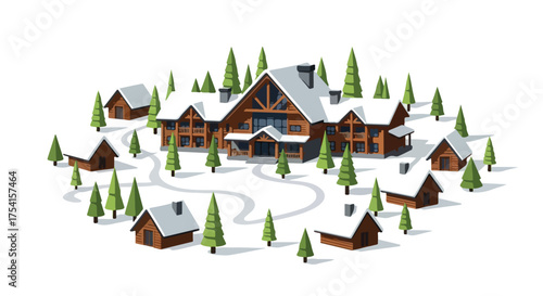 Winter Village Retreat: A picturesque illustration showcasing a snowy mountain lodge surrounded by smaller cabins and evergreen trees in a stylized