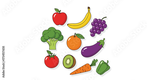 Vibrant assortment of cartoon-style fruit and vegetables representing healthy eating habits and balanced diet choices