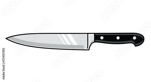 Illustration of a sharp kitchen knife with a black handle and silver blade on white backround