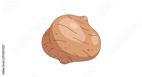 Illustration of a simple, tan-colored yam, presented on a stark white canvas background, showcasing basic shapes and contours, rendered in a cartoon