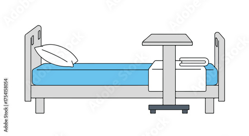 Hospital Bed with Adjustable Table: A Symbol of Recovery and Care Depicted in a Simple Illustration format