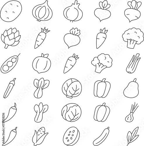 A variety of fresh vegetables, drawn in an artistic outline, ready for culinary creations