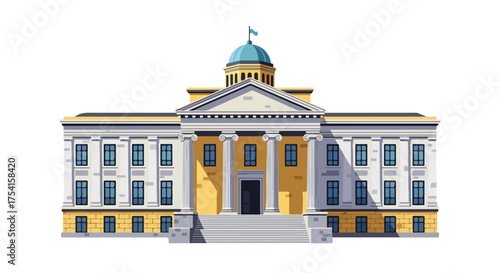 Architectural illustration of a governmental building with a dome on top, standing stately and majestic, against a white backdrop