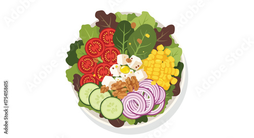 Vibrant salad illustration showcasing fresh vegetables, herbs, and delightful toppings in an artistic manner