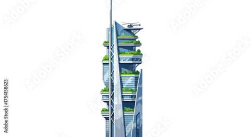 Conceptual eco-friendly skyscraper with integrated greenery and helipad symbolizing advanced architecture