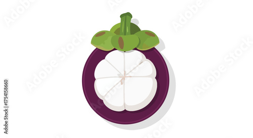 Stylized depiction of a mangosteen fruit showcasing its distinctive purple rind and segmented white flesh, isolated on a clean background