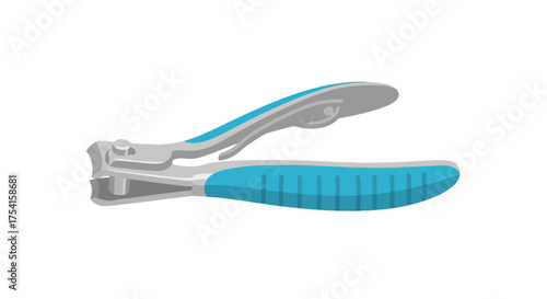 Isolated illustration of a modern blue and silver nail clipper, tool for beauty care and trimming nails, simple flat vector drawing for personal