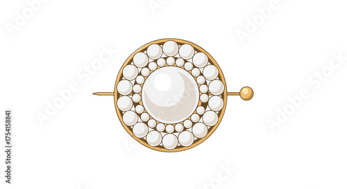 Elegant vintage pearl brooch illustration with golden setting and white backdrop showcasing antique jewelry aesthetics