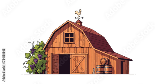 Charming Barn Illustration with Weather Vane, Grapes, and Barrels Evokes Rustic Farm Life