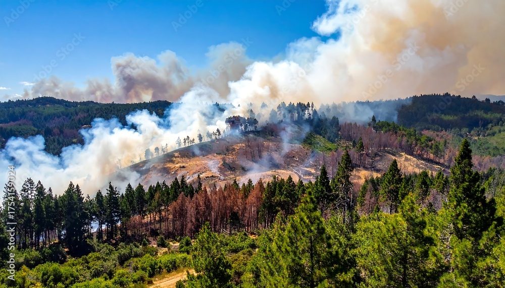 Fototapeta premium Aerial shot of a wildfire raging through a forested hillside, thick smoke billowing into blue sky