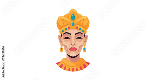 Elegant illustration of a queen adorned with golden crown and jewelry, conveying regal dignity, character depiction and cultural heritage