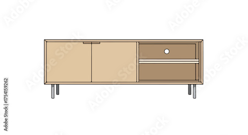 Minimalist modern sideboard cabinet on a white background featuring neutral color tones and clean lines highlighting simplicity and functionality