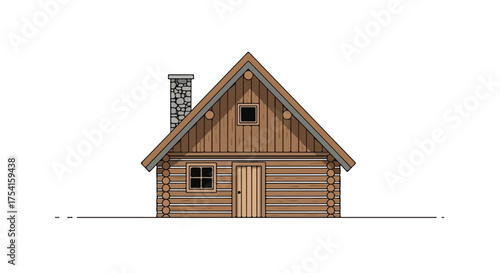 Charming Wooden Log Cabin Illustration with Stone Chimney, Ideal for Wilderness Scenery Depiction, Suitable for Vacation and Tranquility Ambience
