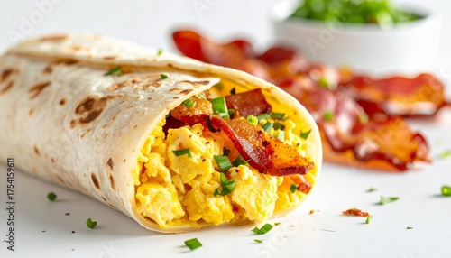 Stacked breakfast burritos filled with scrambled eggs, crispy bacon, and herbs, wrapped in toasted tortillas for a hearty morning meal.