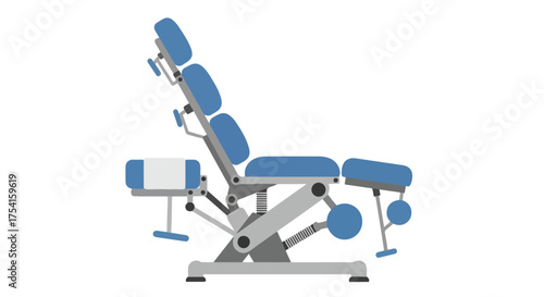 Illustration of an adjustable medical examination table or chair with blue pads and a metallic frame on a clean white backdrop