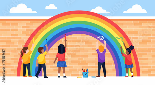 Children Drawing Rainbow Together On Brick Wall Concept