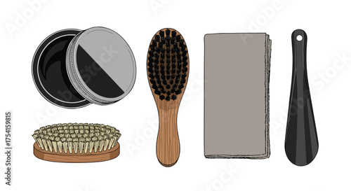 Essential Shoe Care Kit Still Life Depicting Maintenance for Leather Footwear Appearance Enhancement
