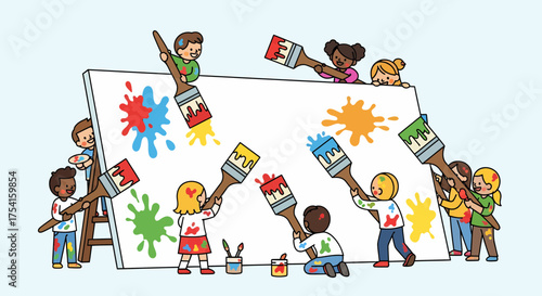 Children Painting Together On Large Canvas With Oversized Brushes