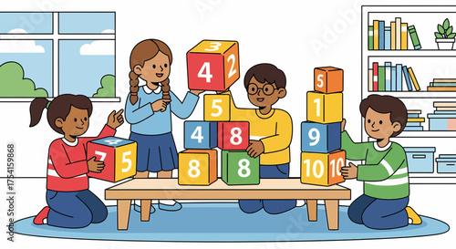 Children Playing And Learning With Number Blocks In The Classroom