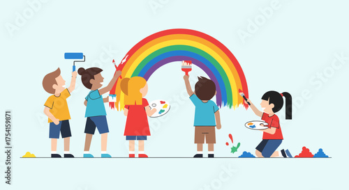 Children Painting A Rainbow Together With Joyful Expression