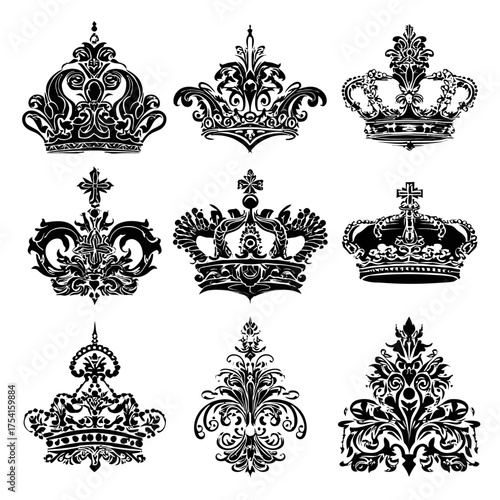 Set of Ornate Decorative Crowns Vector Illustrations. Vintage Royal Monarchy Emblems and Elegant Design Elements Collection.