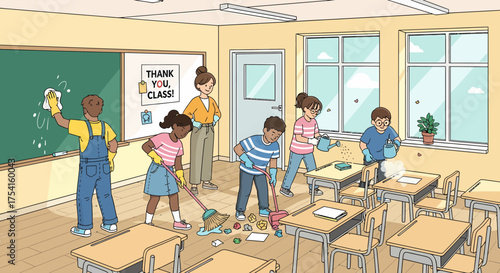 Diligent Students Help Clean Classroom After Lessons End