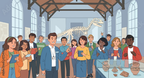 Diverse Group Enjoying Guided Museum Tour With Dinosaur Skeleton