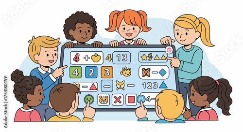 Enthusiastic Children Engaging With Interactive Educational Tablet Interface