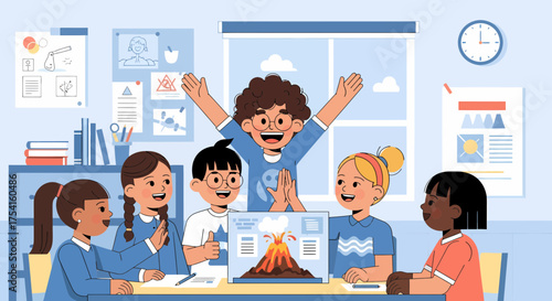 Enthusiastic Students Displaying Scientific Project With Volcano Illustration