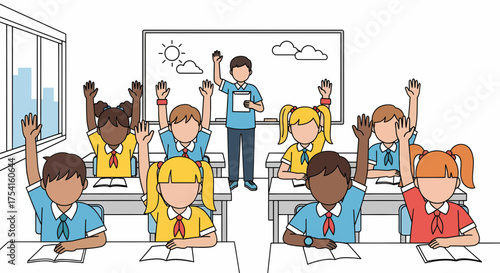 Enthusiastic Students Raise Hands In Classroom Vector Illustration